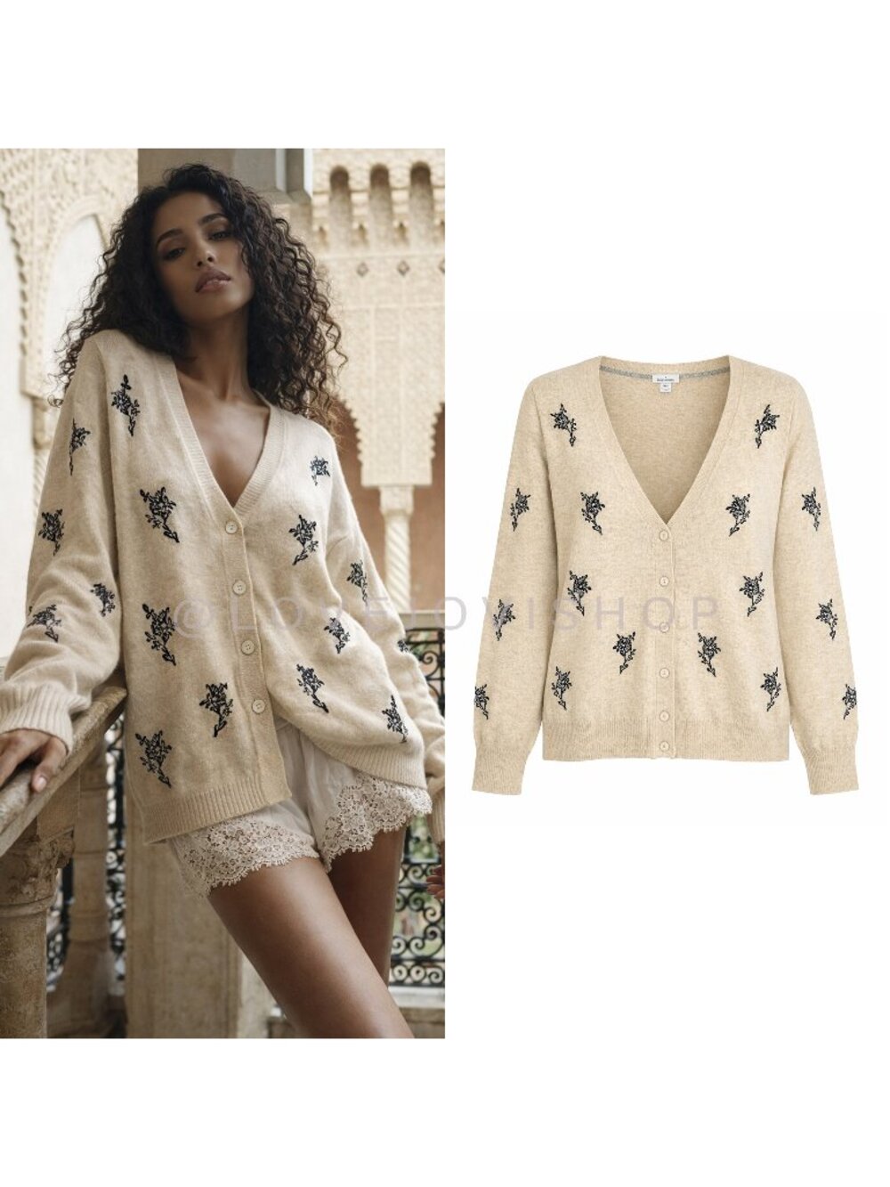 Sweater | Sundance Embroidered Cardigan Cotton Floral Beige XXL | Coquette Femme